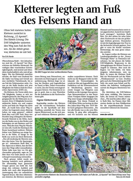 Freies Wort Suhl, 20.06.2014: Erik Hande: Kletterer legten am Fuß des Felsens Hand an