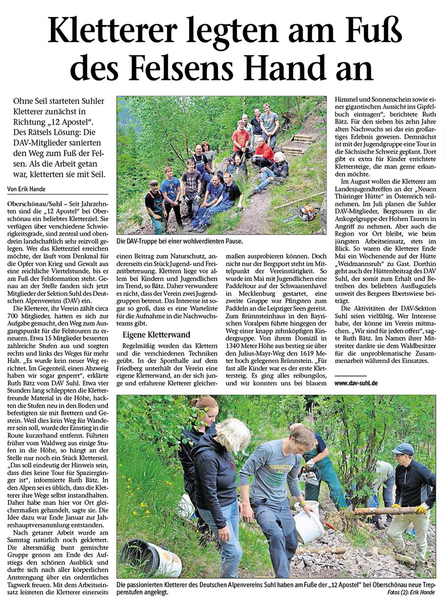 Freies Wort Suhl, 20.06.2014: Erik Hande: Kletterer legten am Fuß des Felsens Hand an