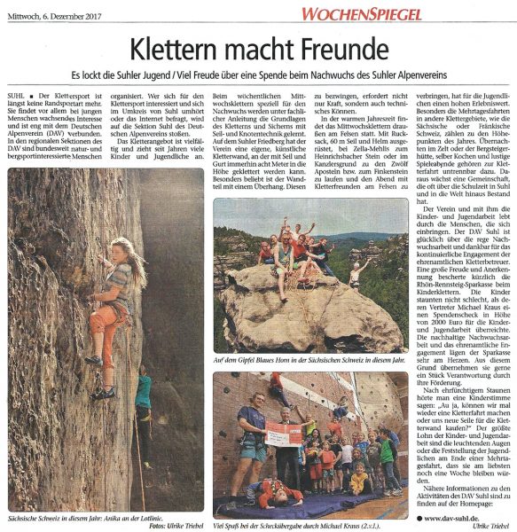 Presse: Klettern macht Freunde (Ulrike Triebel . "Wochenspiegel")