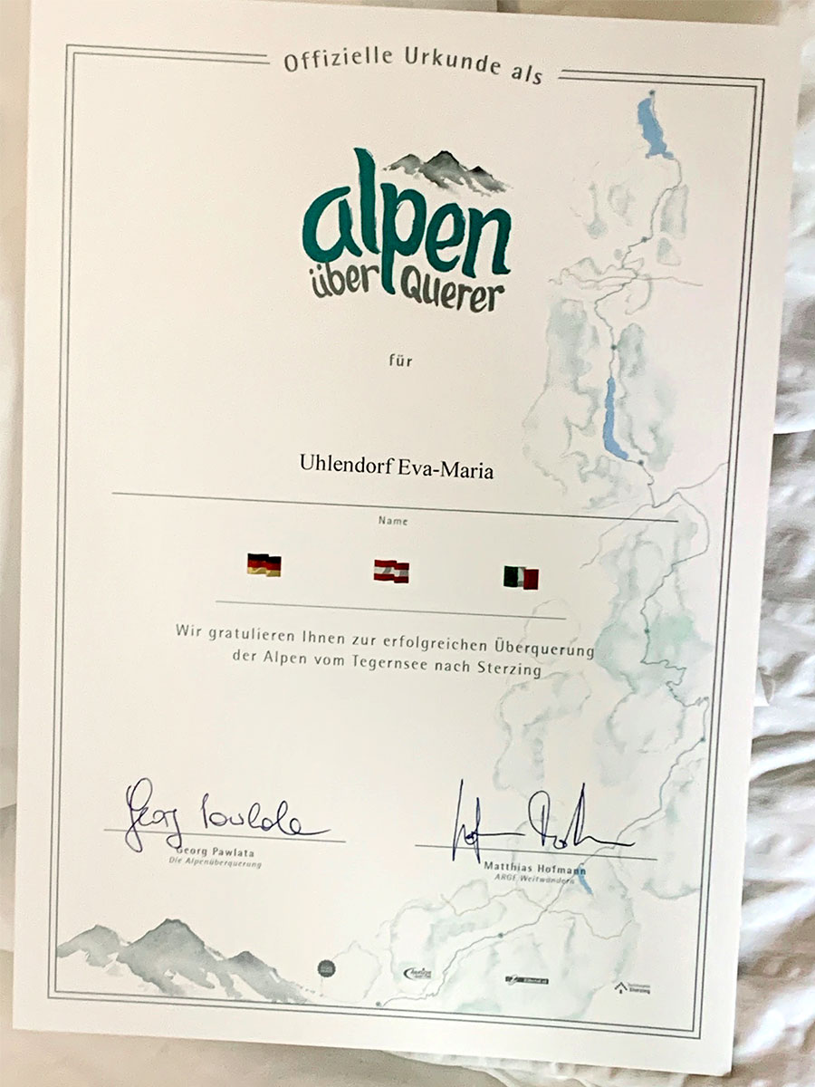 Alpenüberquerung Tergernsee - Sterzing: Urkunde (Foto: Eva-Maria Uhlendorf)
