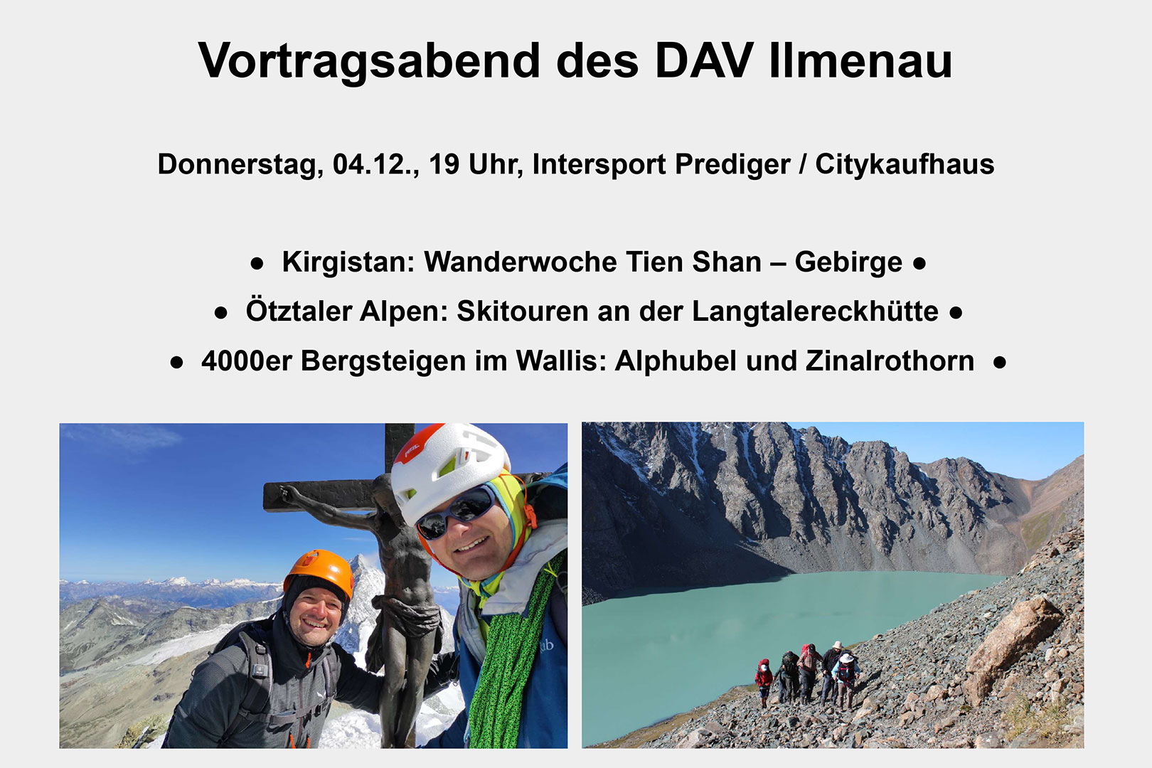 DAV Ilmenau: 04.12.2025, 19 Uhr, Intersport Prediger/Citykaufhaus Ilmenau: Vortragsabend: Tien Shan, Ötztaler Alpen, Wallis (Plakat Titelbild)